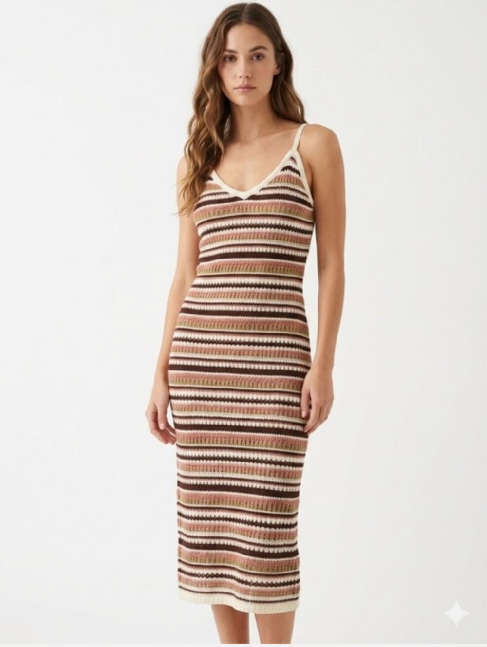 Wild Skyes Pink Brown Striped Crochet Knit Midi Dress S/M Festival Beach Coverup